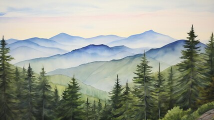 A watercolor art of a serene mountain landscape with tall pine trees