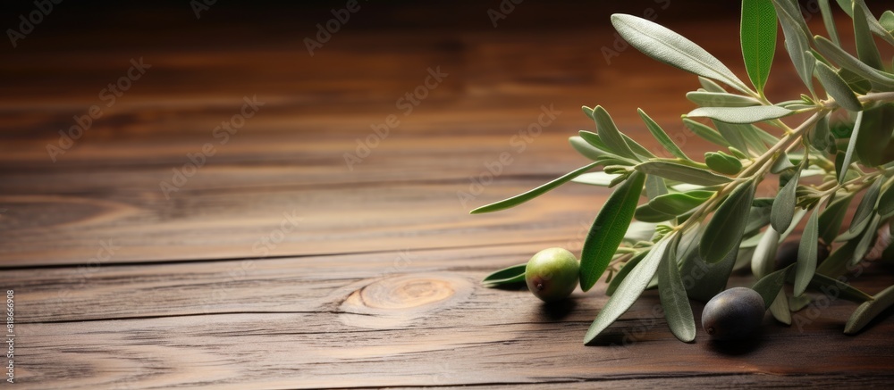 Poster An olive branch adorned with lush leaves against a rustic wooden backdrop providing ample space for captivating imagery