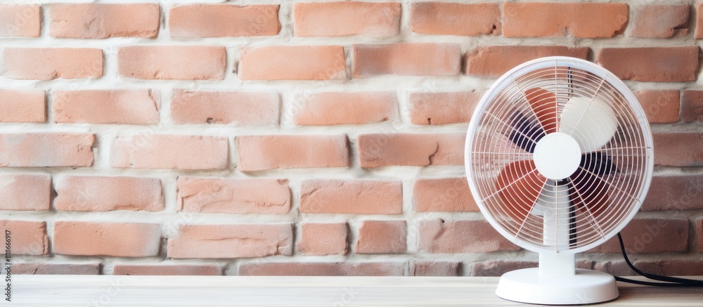 Poster a portable fan is placed on a table against a white brick wall providing a cool breeze to combat the