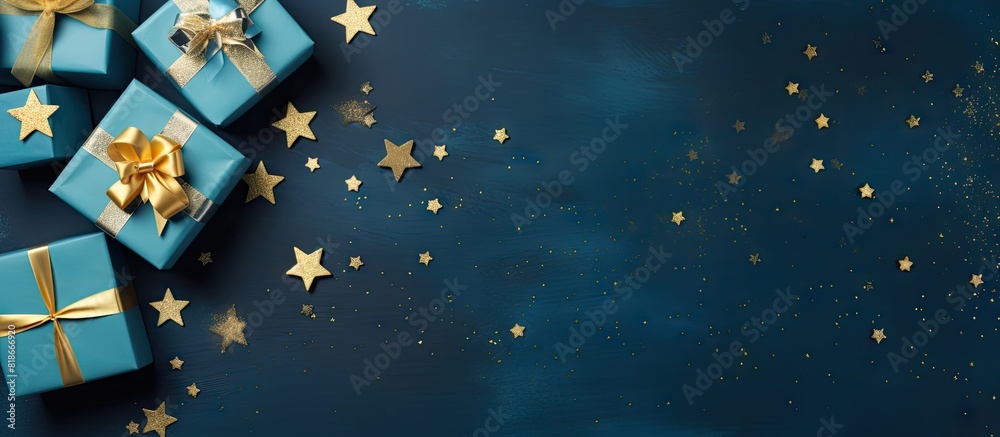 Poster Blue paper textured background with presents golden decorative stars and wrapped boxes Copy space image for adding text Flat lay holiday layout