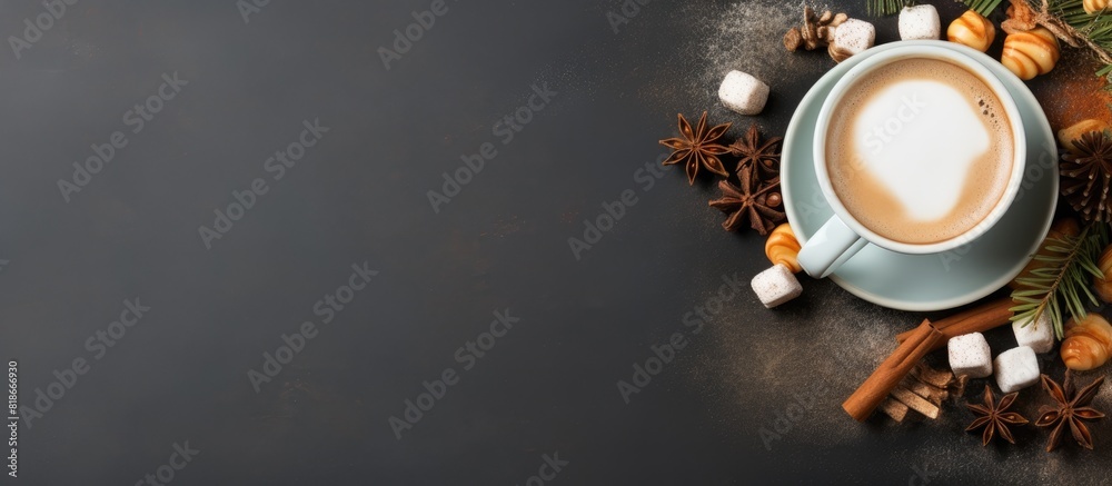 Aufkleber A festive mood is evoked by a top view of a high quality photo showing a hot beverage adorned with marshmallows and caramel cone sticks in a close up copy space image
