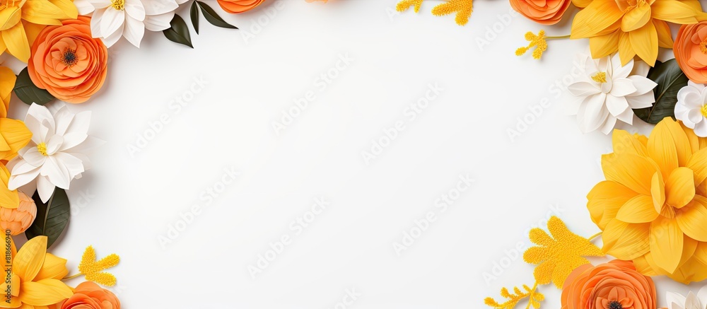 Aufkleber Isolated on a white background a corner of the flat lay features a frame decoration made of yellow and orange paper craft flowers The frame is a mockup with copy space available for your text