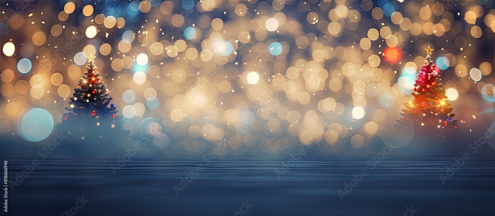 Poster indoor copy space image of a blurred fir tree adorned with enchanting christmas lights evoking a joy