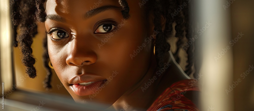 Poster Black girl looks at the camera with playful expression in mirror reflection providing copy space for a close up portrait