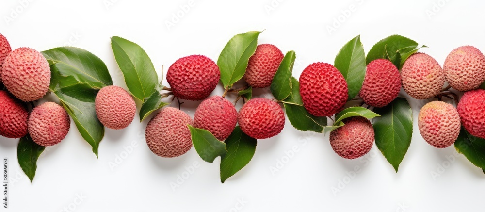 Aufkleber Top down copy space image of fresh juicy lychee fruits arranged on a white background within a frame