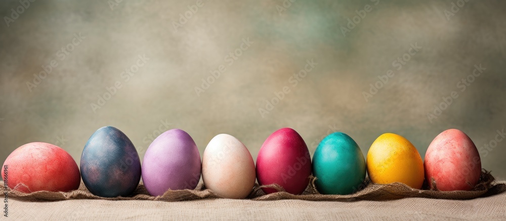 Poster copy space image of easter eggs on a textured burlap background celebrating the joyous occasion of e