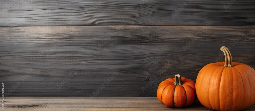 Poster a charming silky pumpkin color contrasts against a rustic grey wooden backdrop offering ample room f