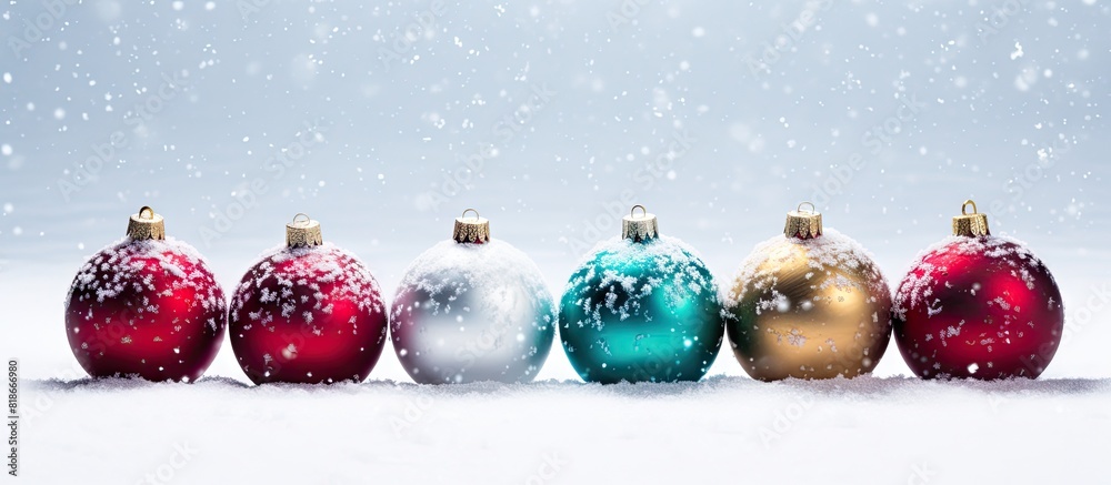Poster a copy space image featuring isolated christmas colored balls on a snowy background representing the