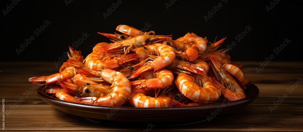 Aufkleber Cooked big shrimps arranged on a black plate placed on a wooden table background with ample copy space for the image