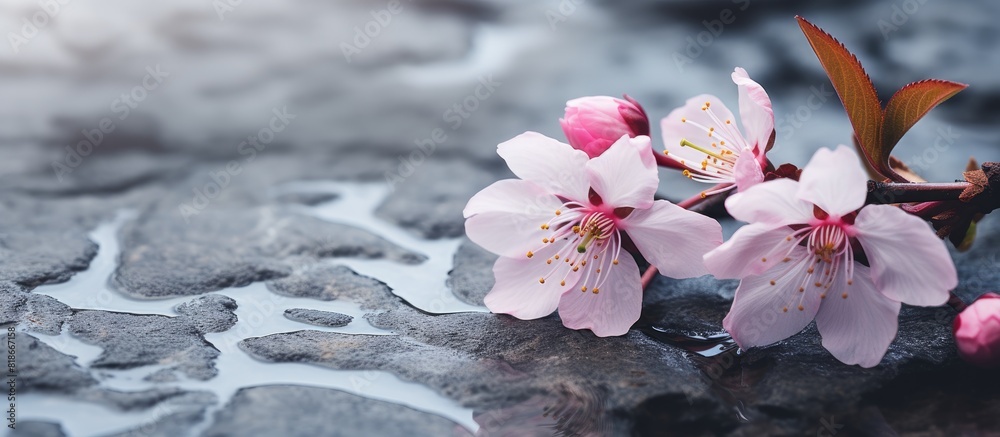 Poster A macro image of a Cherry Blossom or Sakura flower is captured in close up on a stone background offering copy space This picture can be used as a floral border template for spring and summer themes