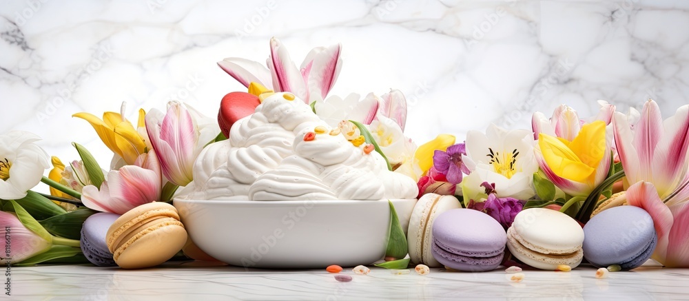 Poster a festive easter treat this image features a nest shaped arrangement of white meringues adorned with