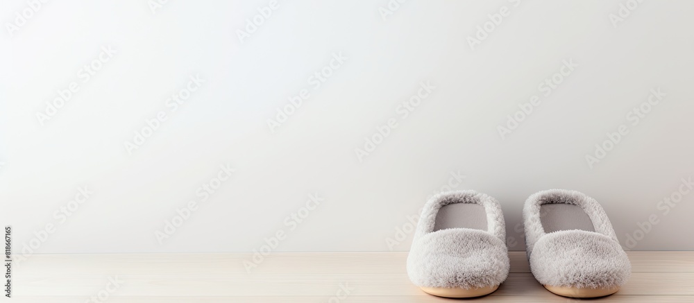 Poster Copy space image featuring a pair of soft slippers resting on a light grey background The slippers are laid out flat and there is room for adding text