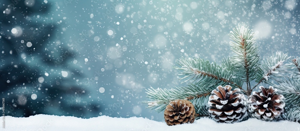 Poster a festive backdrop with a gift pine cones and a snowy fir tree perfect for christmas or new year dec