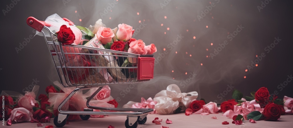 Aufkleber gifts in a shopping cart placed against a background of roses providing ample copy space for images