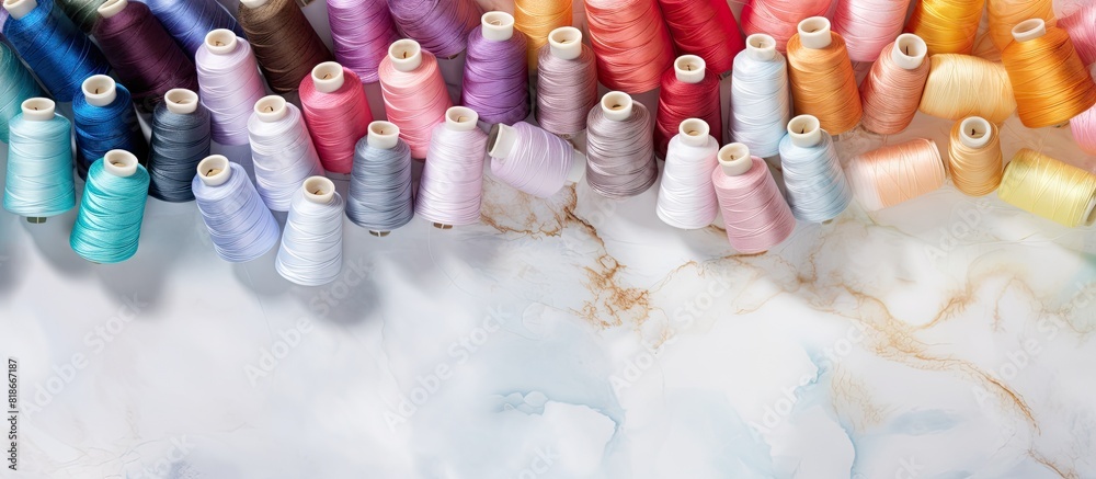 Poster A flat lay of vibrant sewing threads spread across a white marble table creating a colorful backdrop with ample copy space for text
