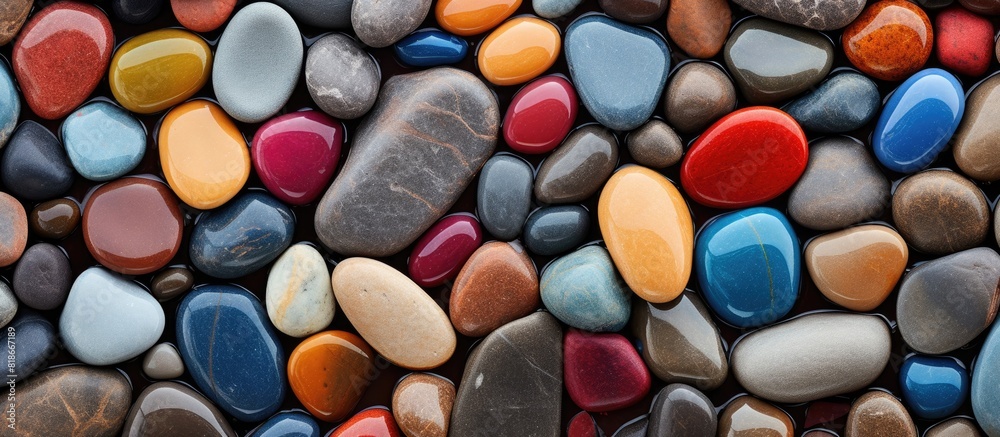 Poster Close up image of wet colorful pebbles on the beach creating a vibrant and textured background Copy space available