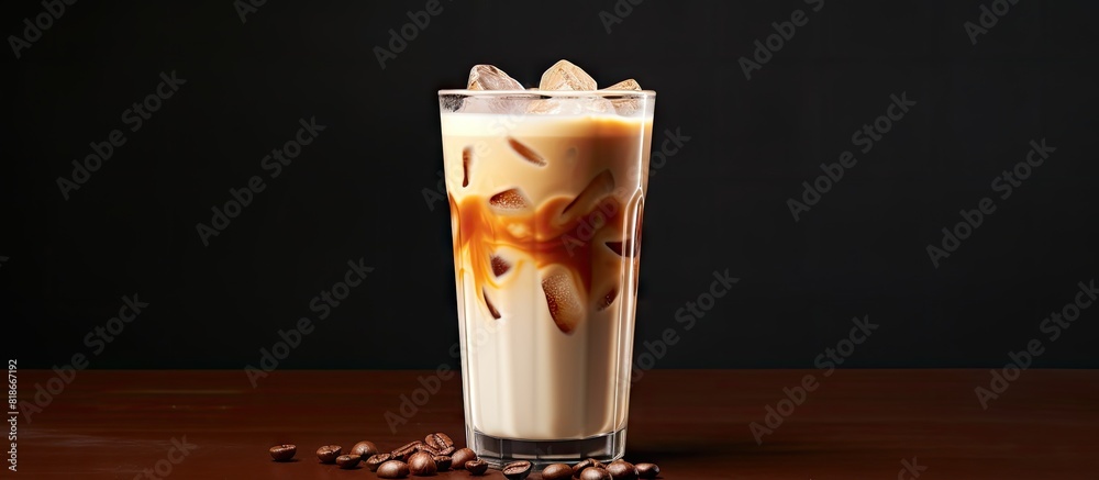 Poster copy space image of a creamy iced coffee with a generous amount of milk and a dash of coffee