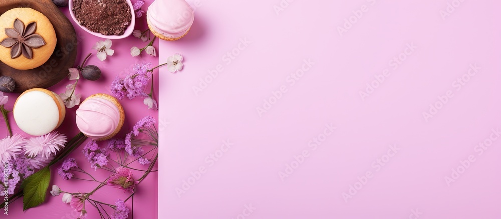 Poster A pink background displays a blank notepad adorned with a sweet bun Easter decorations and baking tools in a photograph with ample copy space