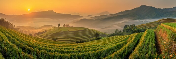 Sunrise Over Rice Terraces in Mountainous Asia Generative AI