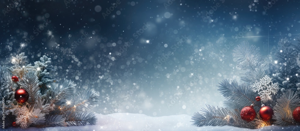 Poster a festive christmas card adorned with fir and decorations set against a sparkling glitter background