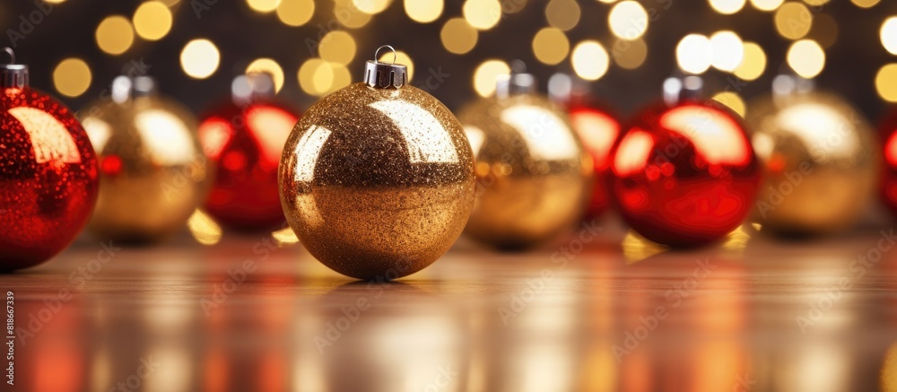 Poster a close up of christmas decorations set against a backdrop of twinkling lights creating a festive co