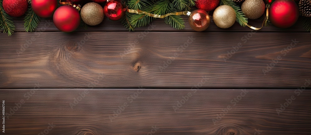 Aufkleber A festive arrangement of Christmas ornaments on a wooden background with a flat lay and room for additional images or text Perfect for creating a holiday themed frame