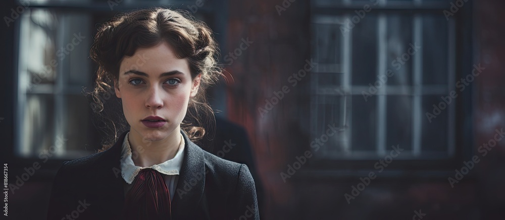 Leinwandbilder a portrait of a female with a closed school in the background creating a copy space image