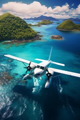 Seaplane adventure Illustrate a seaplane landing in the pristine waters of a remote island