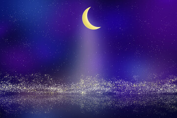 三日月の光が水面に反射する夜空の背景イラスト