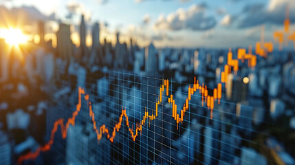 double exposure image of stock market investment graph and city on background,  concept of business investment and stock future trading