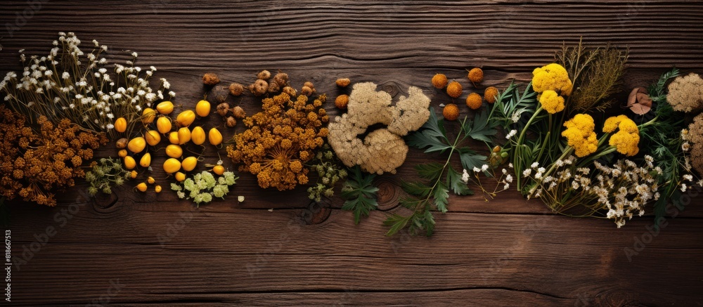 Poster a copy space image featuring a backdrop of brown wooden surface adorned with various herbs including