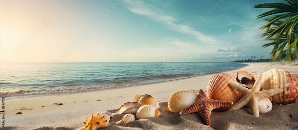 Aufkleber Copy space image of a beach scene adorned with coconuts starfish shells and coral creating a picturesque summer backdrop