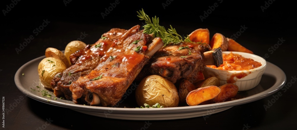Poster The dish consists of succulent pork ribs served alongside a side of flavorful potatoes. with copy space image. Place for adding text or design