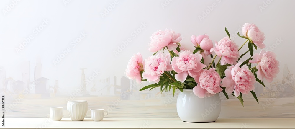 Poster a lovely arrangement of pink peonies in a vase positioned near a white wall providing ample room for