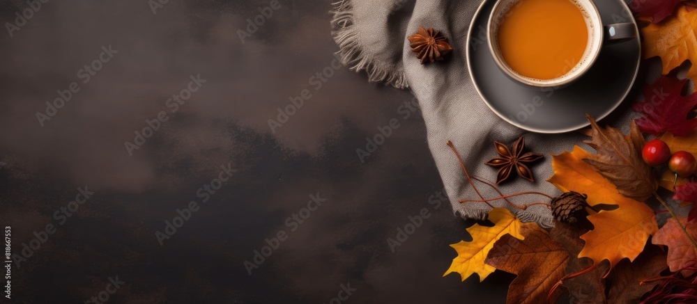 Poster a cozy autumn scene with a cup of hot coffee patchy blanket pumpkin shaped candles maple foliage and