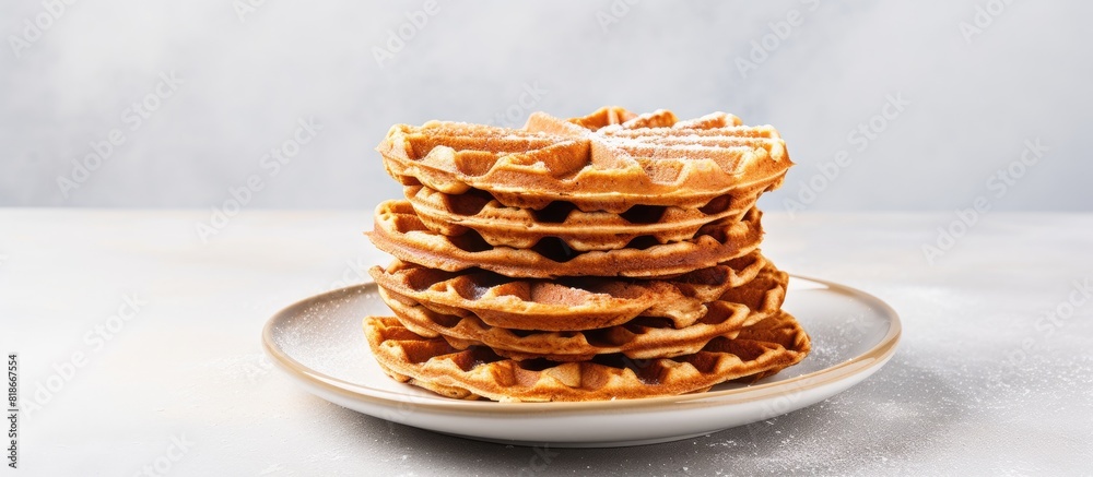 Poster copy space image featuring a stack of gluten free oat waffles on a plate placed on a light gray ceme