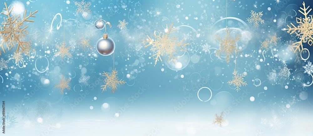 Poster A festive Merry Christmas card featuring ornaments mistletoe and delicate snowflakes on a background with ample space for additional images or text