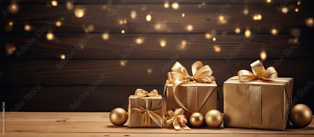 Poster there is a beautiful arrangement of decorations and gift boxes placed on a wooden board providing a 