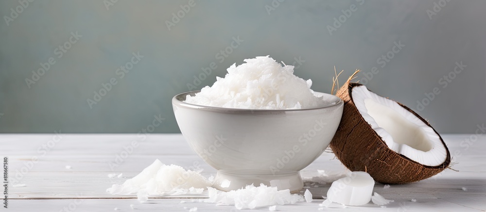 Poster A bowl of coconut flakes is placed on a light background There is copy space available in the image