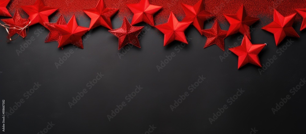 Poster Flat lay Christmas composition featuring a top view of red stars on a background with ample copy space for your text