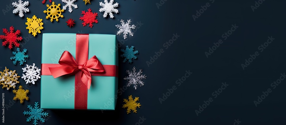 Aufkleber A Christmas present wrapped in colorful paper with a ribbon decorative balls and a snowflake The image features a holiday concept with copy space presented in a flat lay view from the top