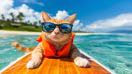 Vibrant photo of red shorthair cat in orange life jacket and sunglasses surfing on wave