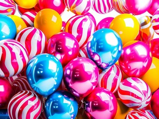 Vibrant multicolored balloons with striped patterns and solid colors, perfect for festive celebrations, parties, and events decoration.