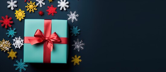 Fototapeta premium A Christmas present wrapped in colorful paper with a ribbon decorative balls and a snowflake The image features a holiday concept with copy space presented in a flat lay view from the top