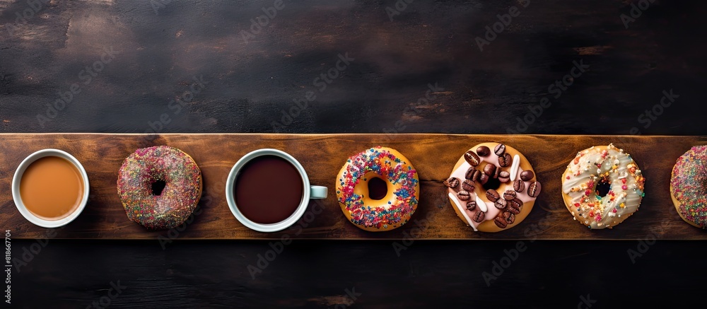 Poster a top down view of a stone table adorned with coffee cups and vibrant donuts leaving room for a copy