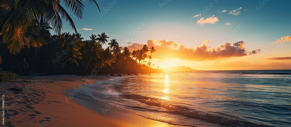 Poster beach sunset with a scenic view providing a nature background and space for copy