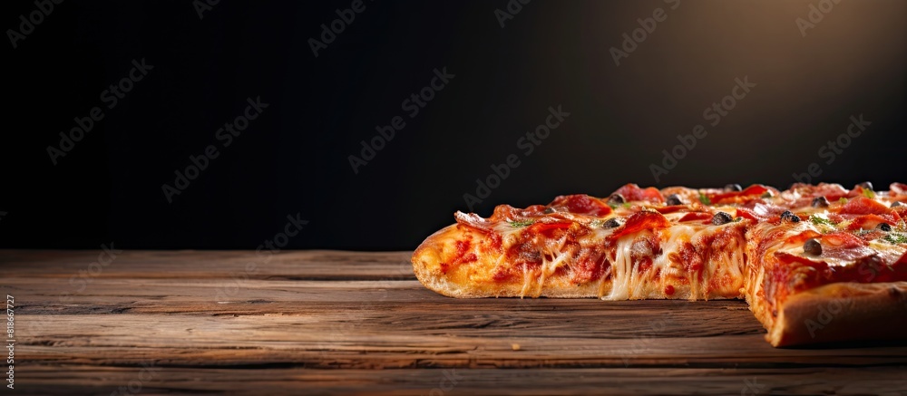 Poster delicious slice of pizza on a wooden table with copy space image