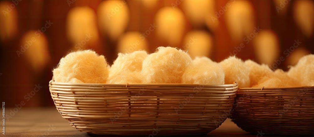 Poster closeup of a wicker basket indoors containing natural loofah sponges providing ample room for text w