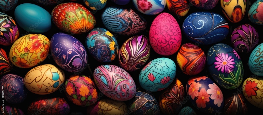 Poster Colorful Easter themed backgrounds featuring a variety of beautifully decorated eggs perfect for adding a festive touch to any design or project Ample copy space available for customization
