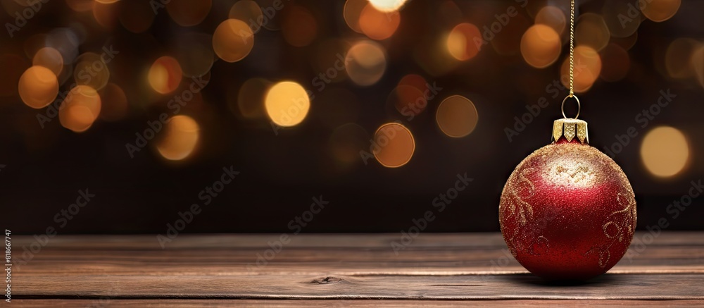 Poster copy space image of a classic christmas ornament displayed against a rustic wooden backdrop